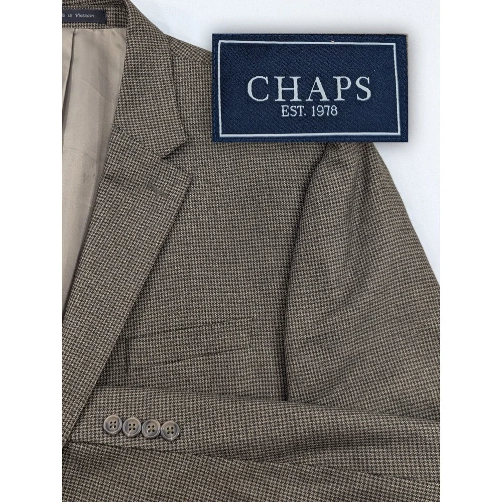 Chaps Ralph Lauren Blazer Suit Jacket Polyester‎ Blend Micro Houndstooth 46R EUC